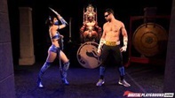 Kitana defeats Johnny Cage and rides his cock in the Mortal Kombat arena.