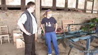 Young helper rides the thick farmer on the old tractor